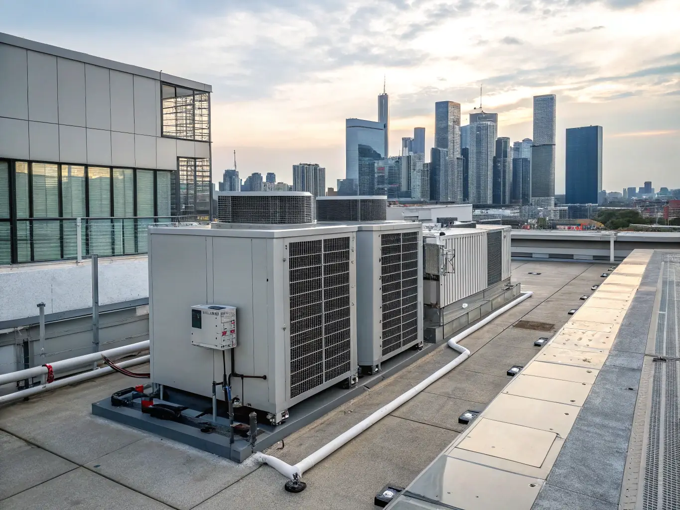 A commercial building with visible HVAC units on the roof, indicating the scale and complexity of commercial HVAC systems that Modphy Mechanical llc can handle.