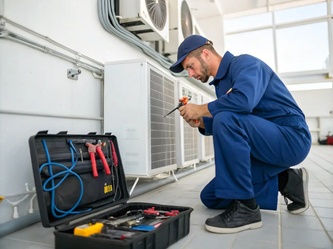 A technician from Modphy Mechanical llc performing routine maintenance on an HVAC unit, emphasizing the importance of regular servicing for system efficiency.